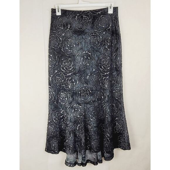 Vintage Bruno Duluc metallic silver rose black maxi skirt Sz S Hi Low Whimsigoth - Picture 1 of 10